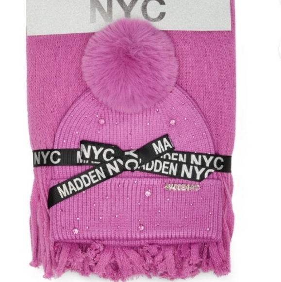 MADDEN NYC 2 PIECE PINK POM RHINESTONE HAT AND FRINGED SCARF SET - Picture 7 of 9